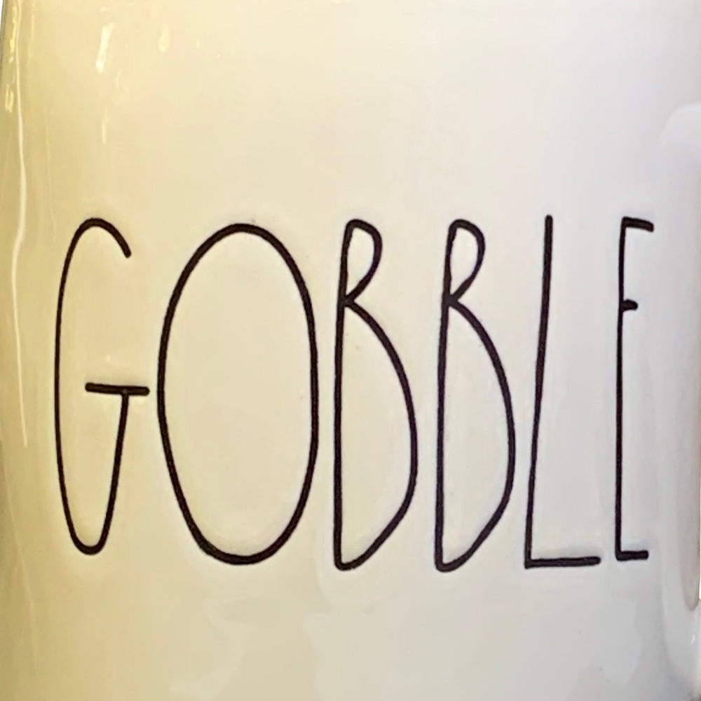 Rae Dunn GOBBLE Mug White Orange Interior Black Large Letter Dimples NWT 2017 OG - Picture 3 of 13